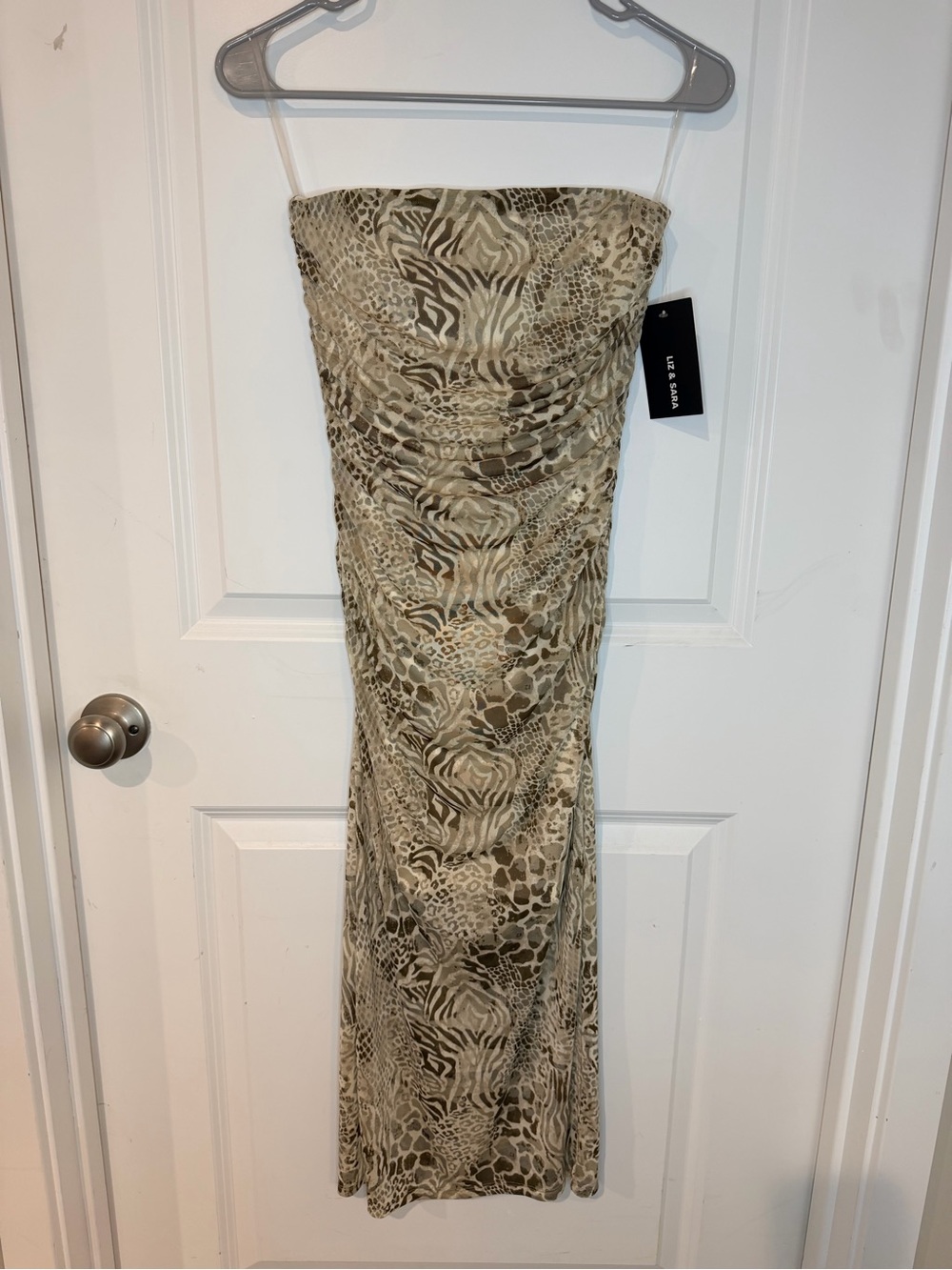 Liz and Sara Beige Animal Print Strapless Maxi Dress